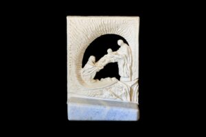 Luigi Sandi: La Madonna che presenta il bambino Gesù a Sant'Antonio 1 , 1988 - gesso - cm 20x28x15